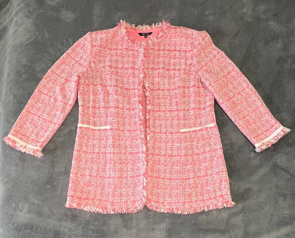 MISOOK Pink Tweed Open Front Jacket Fringe Trim Knit Shoulder Pads Sz M Classic
